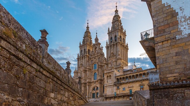 The Cathedral of Santiago de Compostela atop a set of stairs