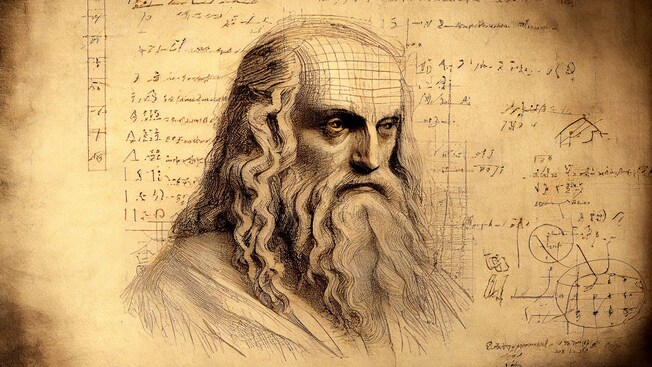 Leonardo da Vinci’s portrait with handwritten equations and formulas