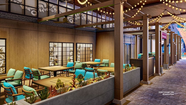 An artist rendering of an outdoor Japanese style dining area at Mike & Sully’s on the Disney Adventure An artist rendering of an outdoor Japanese style dining area at Mike & Sully’s on the Disney Adventure