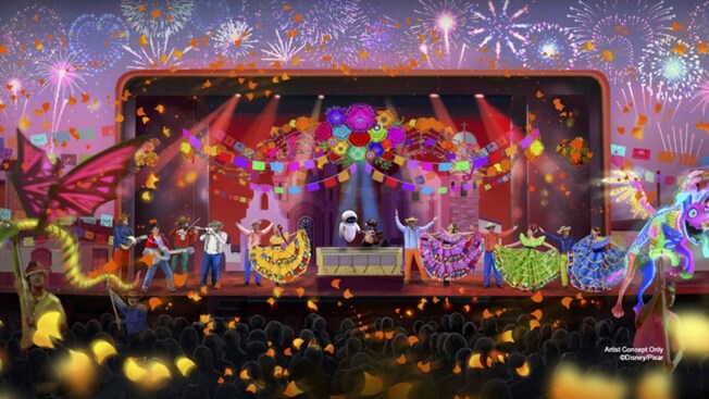 Representação artística de uma apresentação teatral com tema de Viva – A Vida é uma Festa, com dançarinos em trajes tradicionais