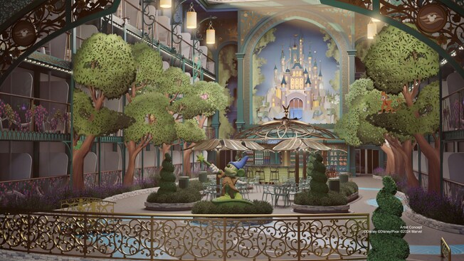 Artist rendering of Disney Imagination Garden on the Disney Adventure with Sorcerer Mickey in a patio area and a Cinderella Castle backdrop