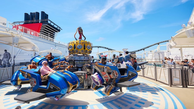 Guests riding Groot Galaxy Spin on the Disney Adventure cruise ship Guests riding Groot Galaxy Spin on the Disney Adventure cruise ship