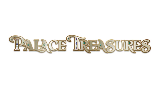 O logotipo “Palace Treasures” com gemas dentro de letras selecionadas