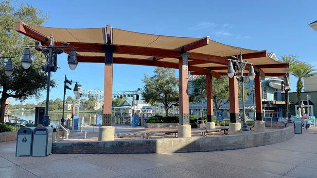 The Lakeview Stage at Disney Springs featuring an open air wooden pavilion  