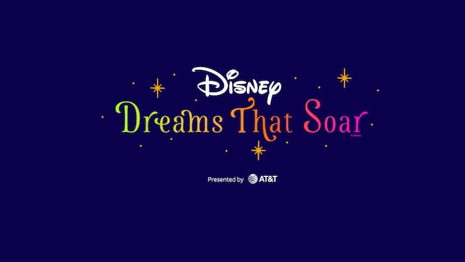 An illustration of stars and text that say 'Disney Dreams That Soar presented by A T & T'