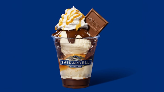 Vanilla ice cream topped with caramel sauce, hot fudge, sea salt and a sea salt caramel square