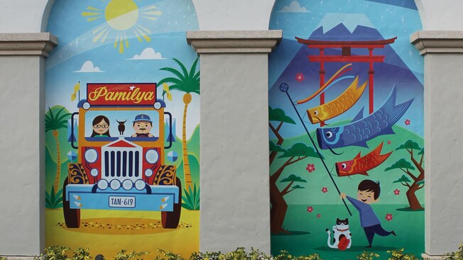 A painting of a little boy flying a kite