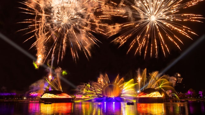 A nighttime spectacular with lasers, fireworks, fountains and lights over World Showcase Lagoon at EPCOT