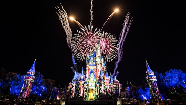 Fireworks bursting in the night sky over Cinderella Castle