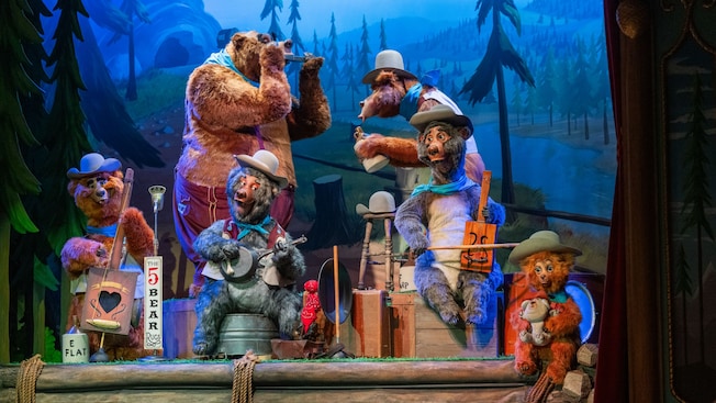 A musical number from the Country Bear Musical Jamboree show at Frontierland featuring The Five Bear Rugs band