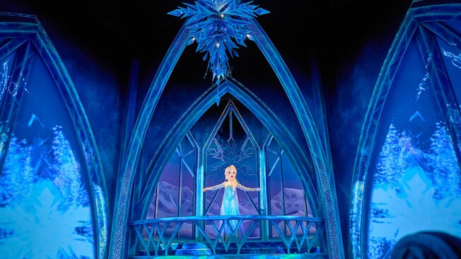 Elsa in her ice palace on the Frozen Ever After attraction