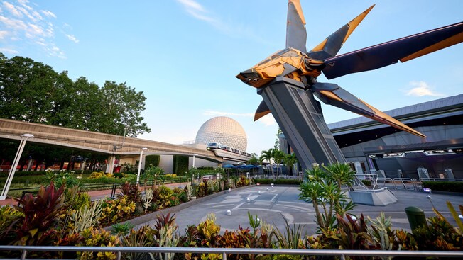 The Nova Corps Starblaster spacecraft outside Guardians of the Galaxy: Cosmic Rewind at Epcot