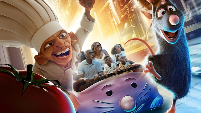 A family of 6 enjoying Remy’s Ratatouille Adventure as Chef Skinner chases after Remy in EPCOT