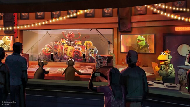 An artist concept image featuring The Electric Mayhem and other Muppets in a music recording studio