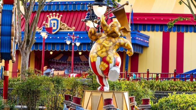 A statue of a Pink Elephant from 'Dumbo', painted like a popcorn bucket