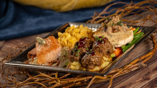 Seared salmon, mashed potatoes and gravy, Norwegian meatballs, carrots with green beans, macaroni & cheese and chicken with apple and fennel preserves