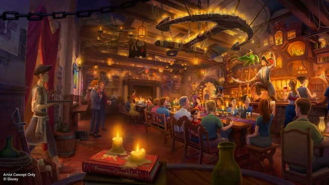 A rendering of Guests enjoying beverages at Beak & Barrel at Magic Kingdom park