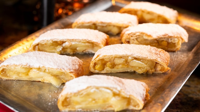 A plate with 7 Apple Strudels from Biergarten Restaurant in Epcot