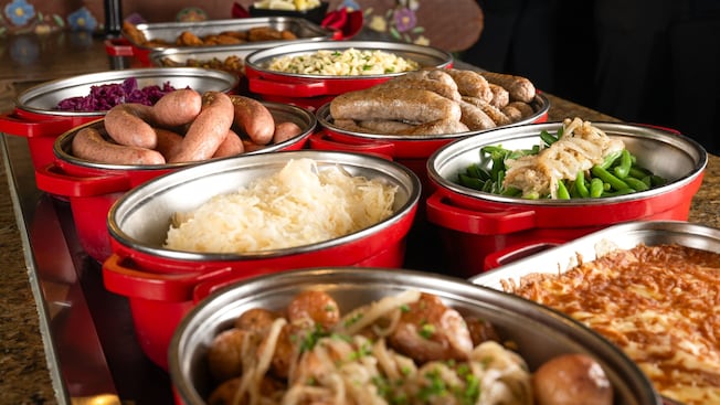 A buffet offering of traditional sausages from Biergarten Restaurant in Epcot