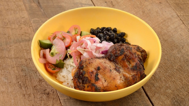 Chicken, rice, beans and veggies in a bowl