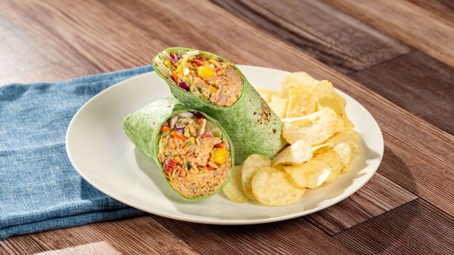 Jerk Chicken Salad Wrap with chips at Centertown Market in Disney’s Caribbean Beach Resort