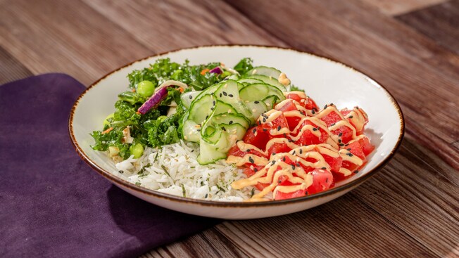 The Tuna Poke Bowl, with pickled cucumbers, at Centertown Market in Disney’s Caribbean Beach Resort