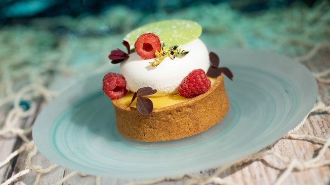 A plate with a Key West Sunset dessert topped with whipped cream and raspberries available at Coral Reef Restaurant at Epcot