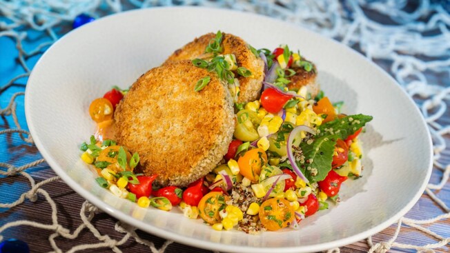 Palm Cakes with a side of couscous and vegetables, from Coral Reef Restaurant at Epcot
