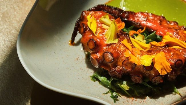 Un tentáculo de pulpo braseado servido sobre un puré con verduras de hoja en un plato de cerámica curvo