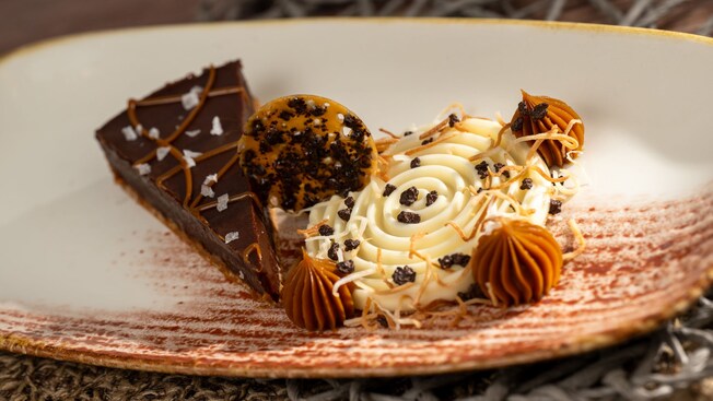 The Brigadeiro Presitigio, a dark chocolate ganache tart with coconut mousse and salted dulce de leche from the Jungle Navigation Company Limited Skipper Canteen