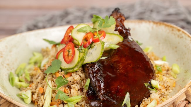 Grilled shrimp on top of fried rice