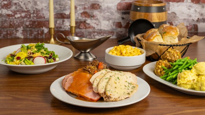 The Patriot's Platter from Liberty Tree Tavern with turkey, pot roast, pork, mashed potatoes, vegetables, herbed stuffing and mac and cheese