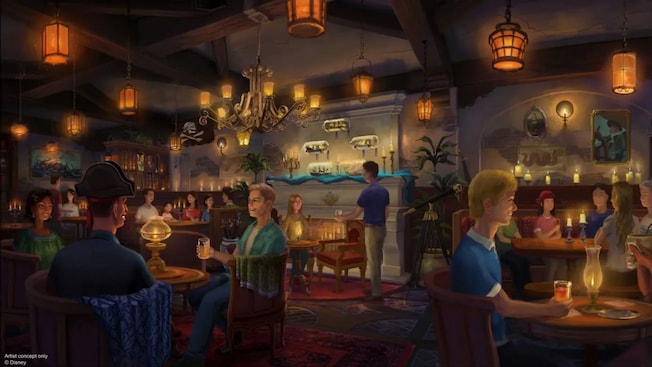 A rendering of Guests enjoying beverages at Beak & Barrel at Magic Kingdom park featuring a Pirates of the Caribbean theme