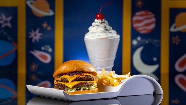 A Beamed Up Burger combo with french fries and a milkshake