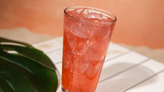Uma bebida de Moonshine com morango e limonada sobre uma mesa ao lado de uma planta