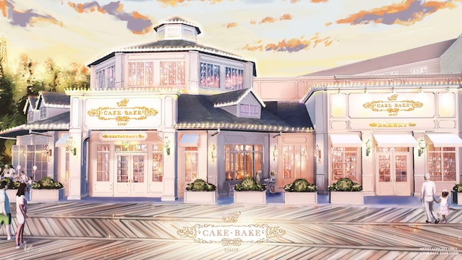 Artist rendering of the exteriors of the Cake Bake Shop Bakery and Cake Bake Shop Restaurant venues