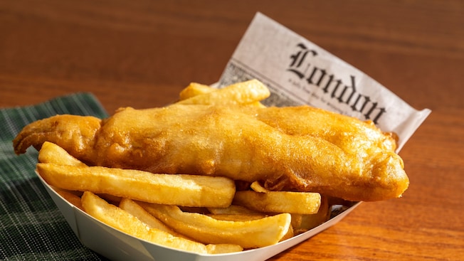 A basket of Beer Battered Fish & Chips from Yorkshire County Fish Shop at Epcot