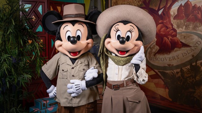 O Mickey Mouse e a Minnie Mouse de braços dados na Discovery Island
