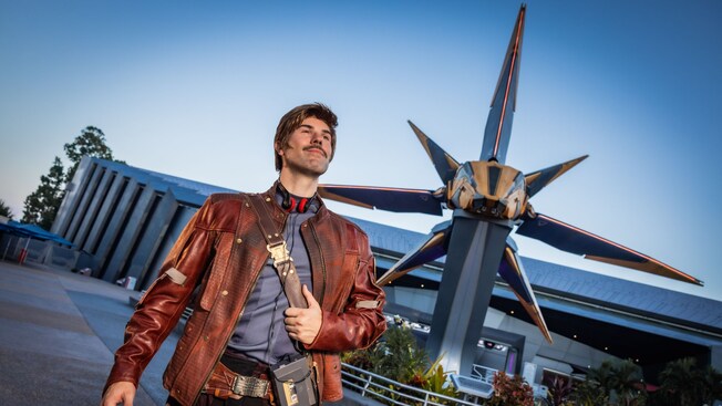 Star Lord standing in front of Guardians of the Galaxy Cosmic Rewind at Epcot