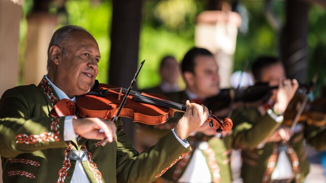 Three violinists perform outside