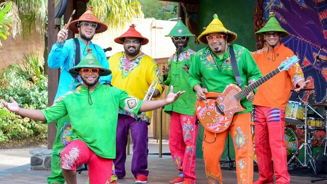 6&nbsp;artistas homens da Viva Gaia Street Band posando para uma foto em um palco do Disney's Animal Kingdom Theme Park