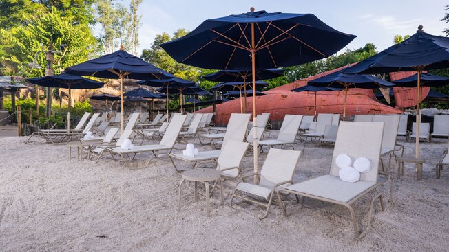 Rows of lounge chairs with rolled towels beneath umbrellas on a beach at Disney's Typhoon Lagoon