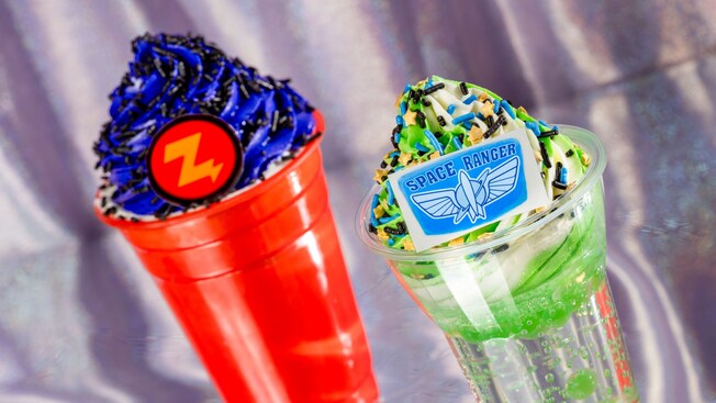 A Buzz Lightyear themed float and Zurg themed shake, each topped with sprinkles
