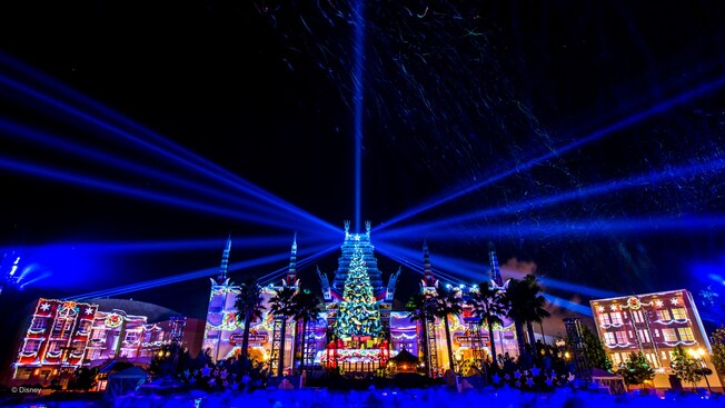 The Chinese Theatre and nearby buildings transformed with holiday projections at night