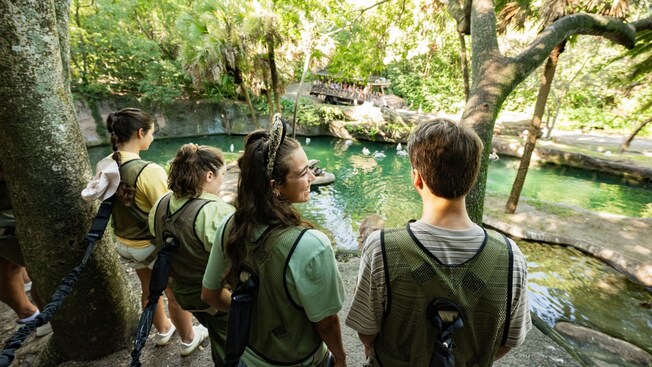 Cuatro personas con chalecos de safari de pie cerca del agua viendo la vida silvestre en Disney’s Animal Kingdom Theme Park