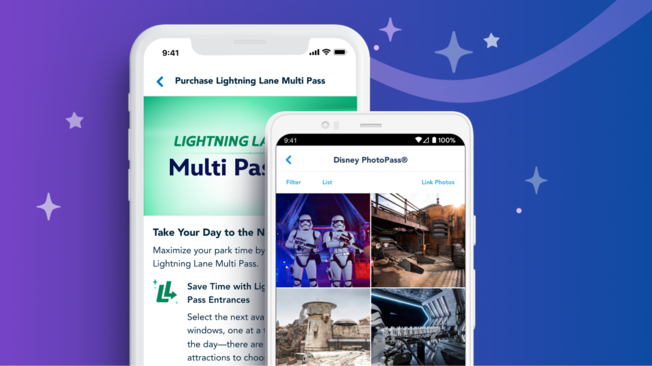 Dos teléfonos móviles: uno con la página de compra de un Lightning Lane Multi Pass y otro con una galería de fotos de Disney Photo Pass