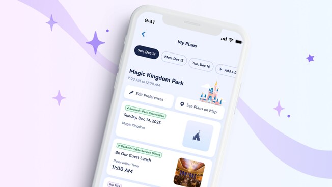 A mobile phone showing an itinerary at Magic Kingdom park in the My Plans section of the My Disney Experience app
