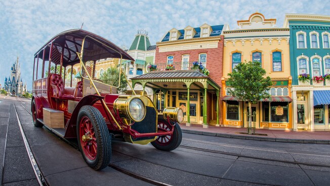 A jitney driving down Main Street, USA
