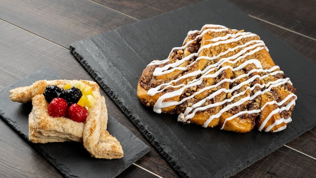 A Danish filled with fresh fruit and a bear claw drizzled with icing from the Roaring Fork at Disney's Wilderness Lodge