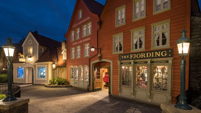 The Norwegian inspired Fjording gift shop at Epcot World Showcase at night